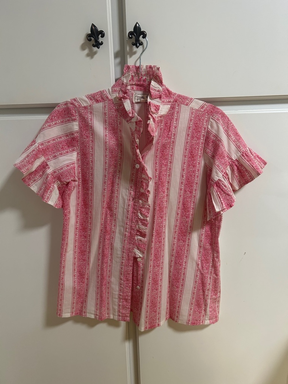 Women’s Pink & White Striped Ruffle Button-Up Top